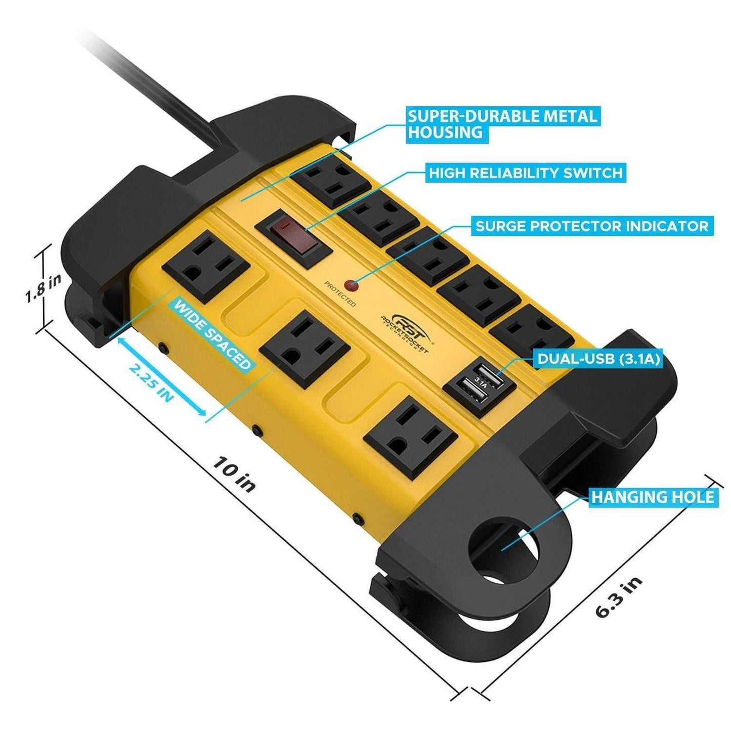 CRST 8 Outlets Dural USB Mountable Metal Power Strip Surge Protector with Cord Wrapping Design, Optional 15FT or 6FT Power Cord
