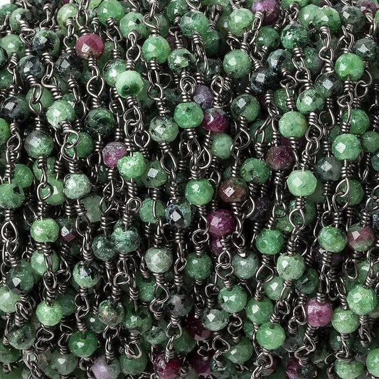 Ruby in Zoisite micro-faceted rondelle Black Gold plated Chain by the foot 40 beads