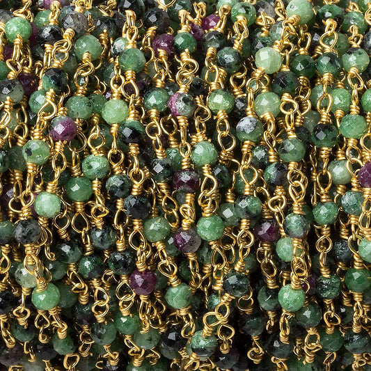 Ruby in Zoisite micro-faceted rondelle Gold plated Chain by the foot 40 beads