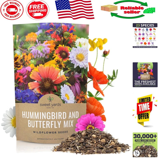 Wildflower Seeds - 30,000 Open-Pollinated Butterfly & Hummingbird Garden Mix - Native Plants for Pollinators