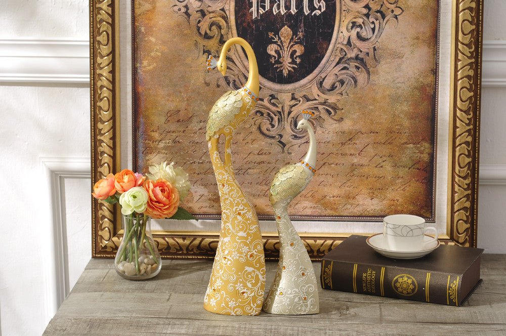 Exquisite Pair of Hand Painted Peacock Sculptures - Gold & Silver - Samiksha's - Little Red General Store