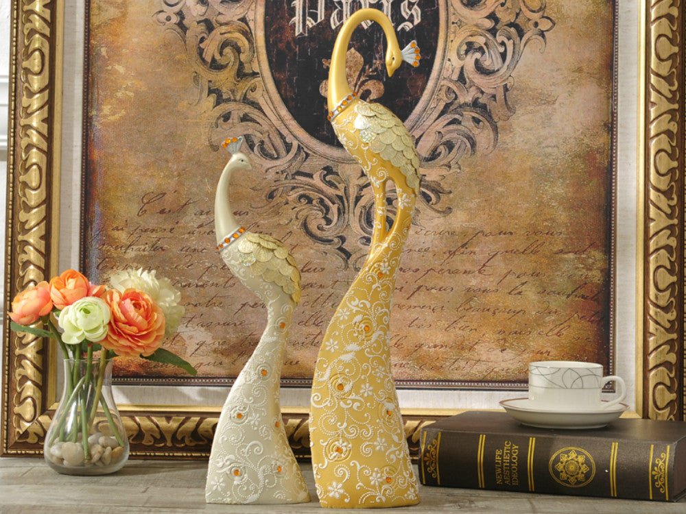 Exquisite Pair of Hand Painted Peacock Sculptures - Gold & Silver - Samiksha's - Little Red General Store