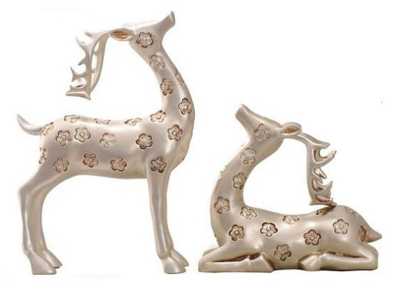 Elegant Pair of Silver Gazing Deer Sculptures with Antlers - Samiksha's - Little Red General Store
