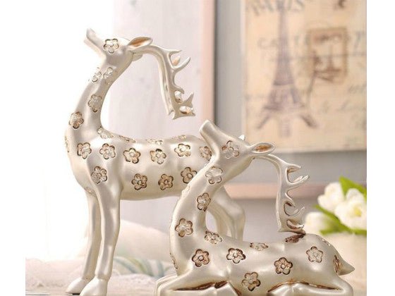 Elegant Pair of Silver Gazing Deer Sculptures with Antlers - Samiksha's - Little Red General Store