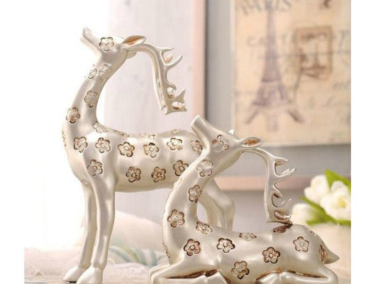 Elegant Pair of Silver Gazing Deer Sculptures with Antlers - Samiksha's - Little Red General Store