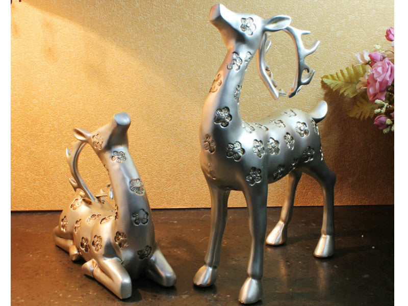 Elegant Pair of Silver Gazing Deer Sculptures with Antlers - Samiksha's - Little Red General Store