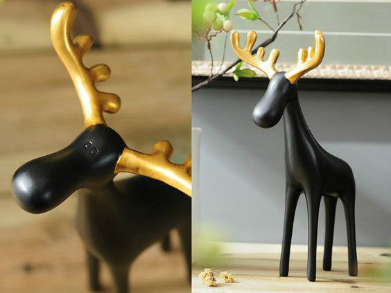 Family of Three Black Reindeer Sculptures with Golden Antlers - Samiksha's - Little Red General Store
