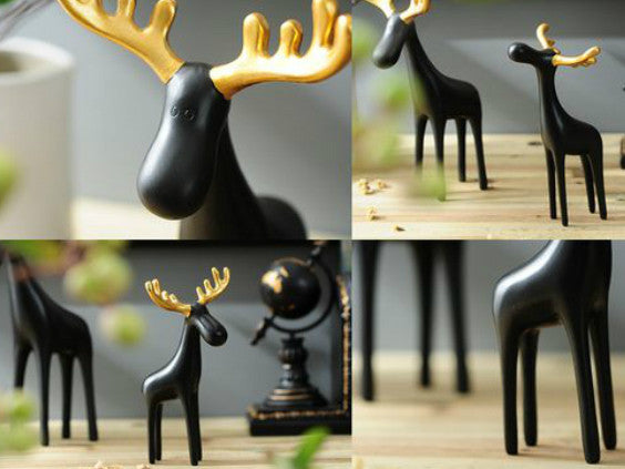 Family of Three Black Reindeer Sculptures with Golden Antlers - Samiksha's - Little Red General Store