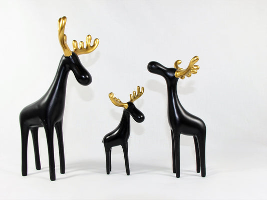 Family of Three Black Reindeer Sculptures with Golden Antlers - Samiksha's - Little Red General Store