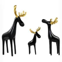 Family of Three Black Reindeer Sculptures with Golden Antlers - Samiksha's - Little Red General Store