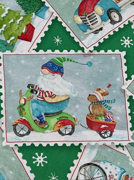 44 x 36 Christmas Gnomes Postcard Toss on Green 100% Cotton Fabric - Seasonal Fabrics - Little Red General Store