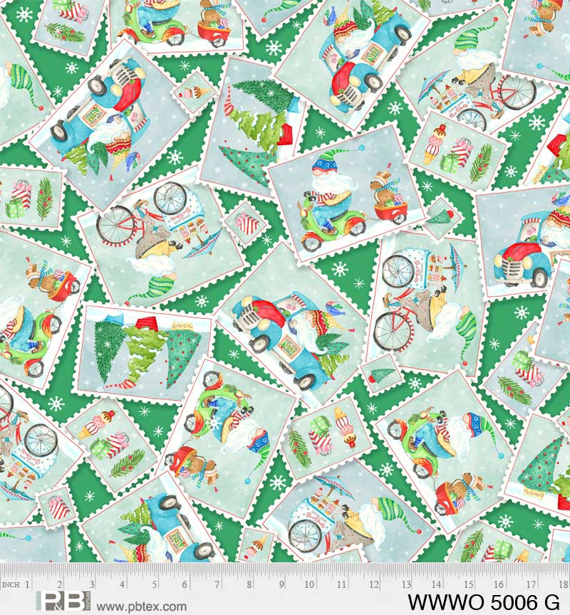 44 x 36 Christmas Gnomes Postcard Toss on Green 100% Cotton Fabric - Seasonal Fabrics - Little Red General Store