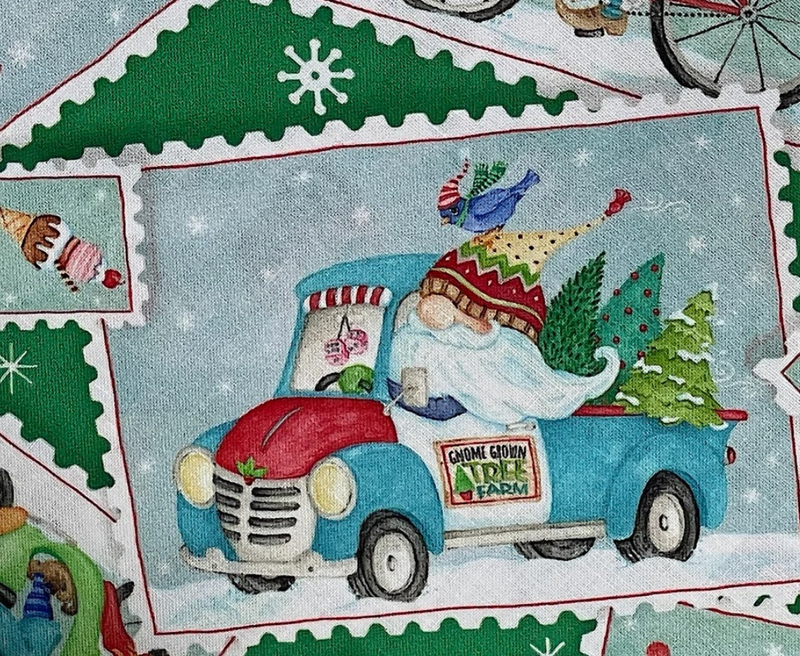 44 x 36 Christmas Gnomes Postcard Toss on Green 100% Cotton Fabric - Seasonal Fabrics - Little Red General Store