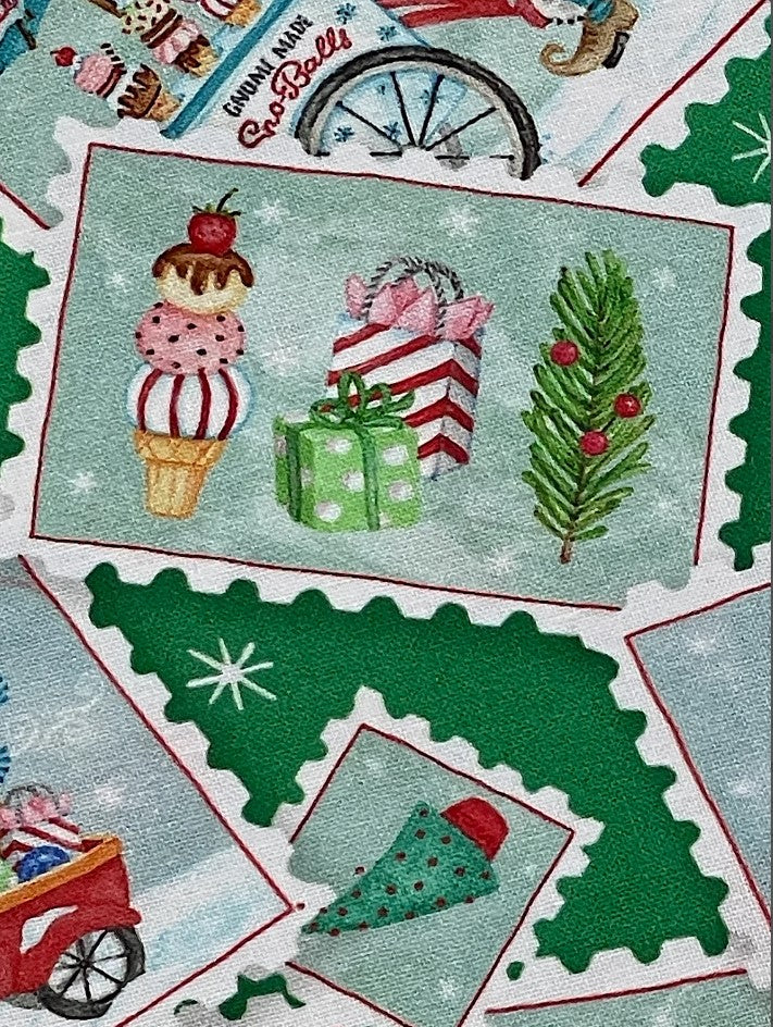 44 x 36 Christmas Gnomes Postcard Toss on Green 100% Cotton Fabric - Seasonal Fabrics - Little Red General Store