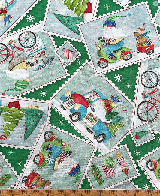 44 x 36 Christmas Gnomes Postcard Toss on Green 100% Cotton Fabric - Seasonal Fabrics - Little Red General Store
