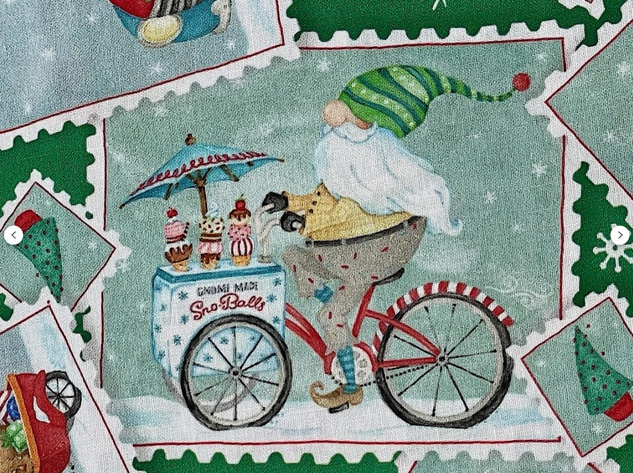 44 x 36 Christmas Gnomes Postcard Toss on Green 100% Cotton Fabric - Seasonal Fabrics - Little Red General Store
