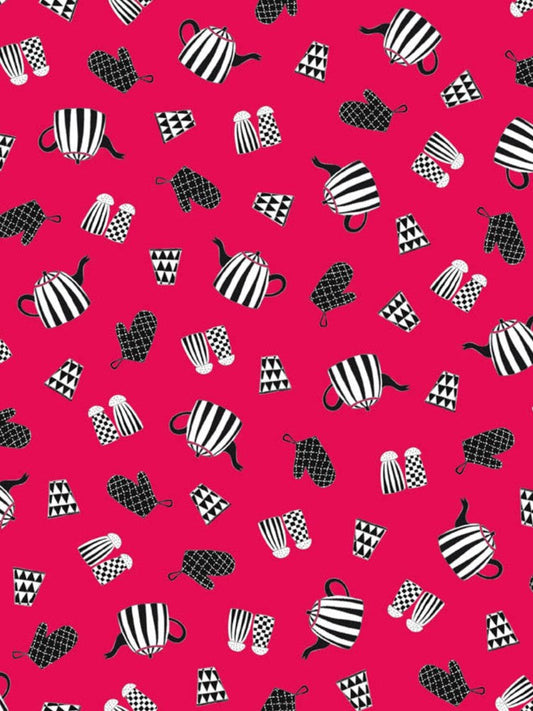 Oven Mitts and Teapots on Red Price per Yard QT Fabrics 100% Cotton All Over Print - Seasonal Fabrics - Little Red General Store