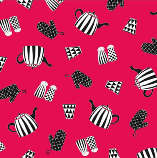 Oven Mitts and Teapots on Red Price per Yard QT Fabrics 100% Cotton All Over Print - Seasonal Fabrics - Little Red General Store
