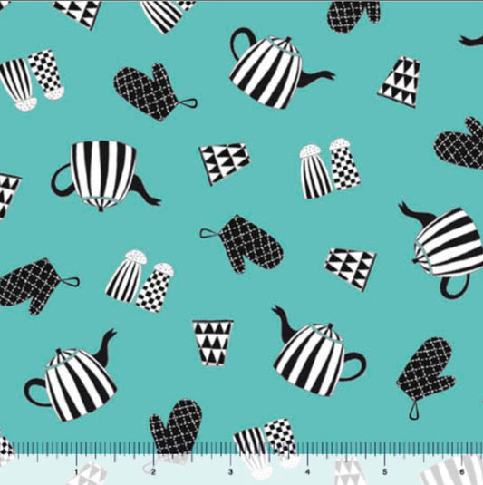 Oven Mitts and Teapots on Teal Price per Yard QT Fabrics 100% Cotton All Over Print - Seasonal Fabrics - Little Red General Store