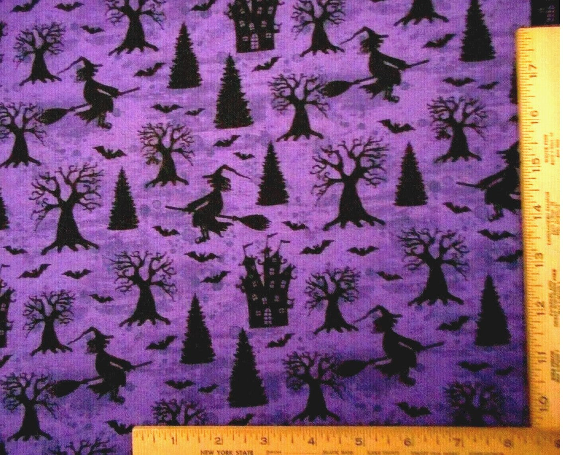 45 x 36 Halloween Witches Bats and Houses on Purple 100% Cotton Fabric - Seasonal Fabrics - Little Red General Store