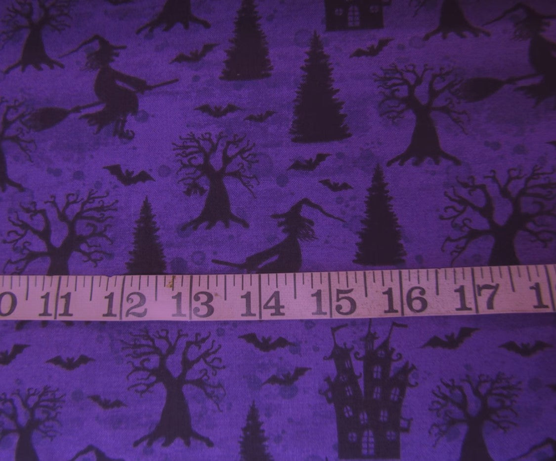 45 x 36 Halloween Witches Bats and Houses on Purple 100% Cotton Fabric - Seasonal Fabrics - Little Red General Store