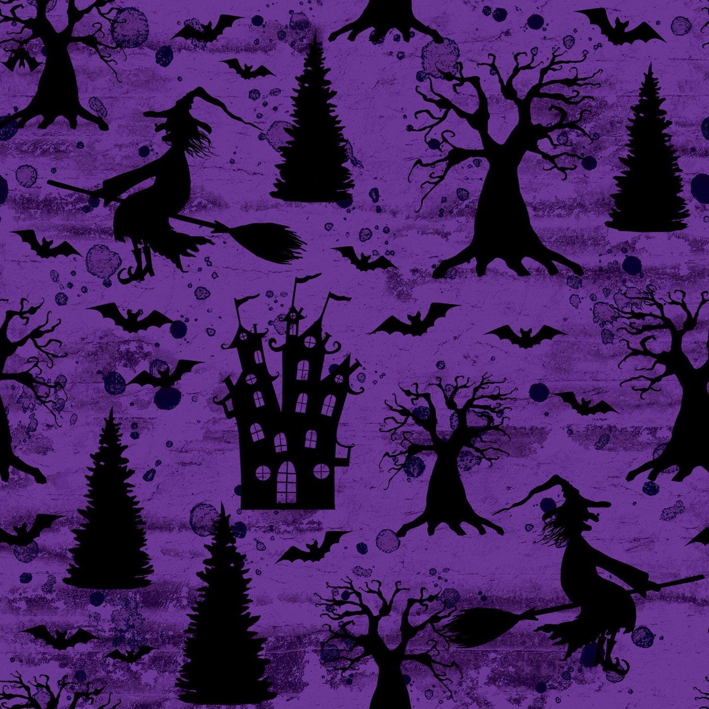 45 x 36 Halloween Witches Bats and Houses on Purple 100% Cotton Fabric - Seasonal Fabrics - Little Red General Store