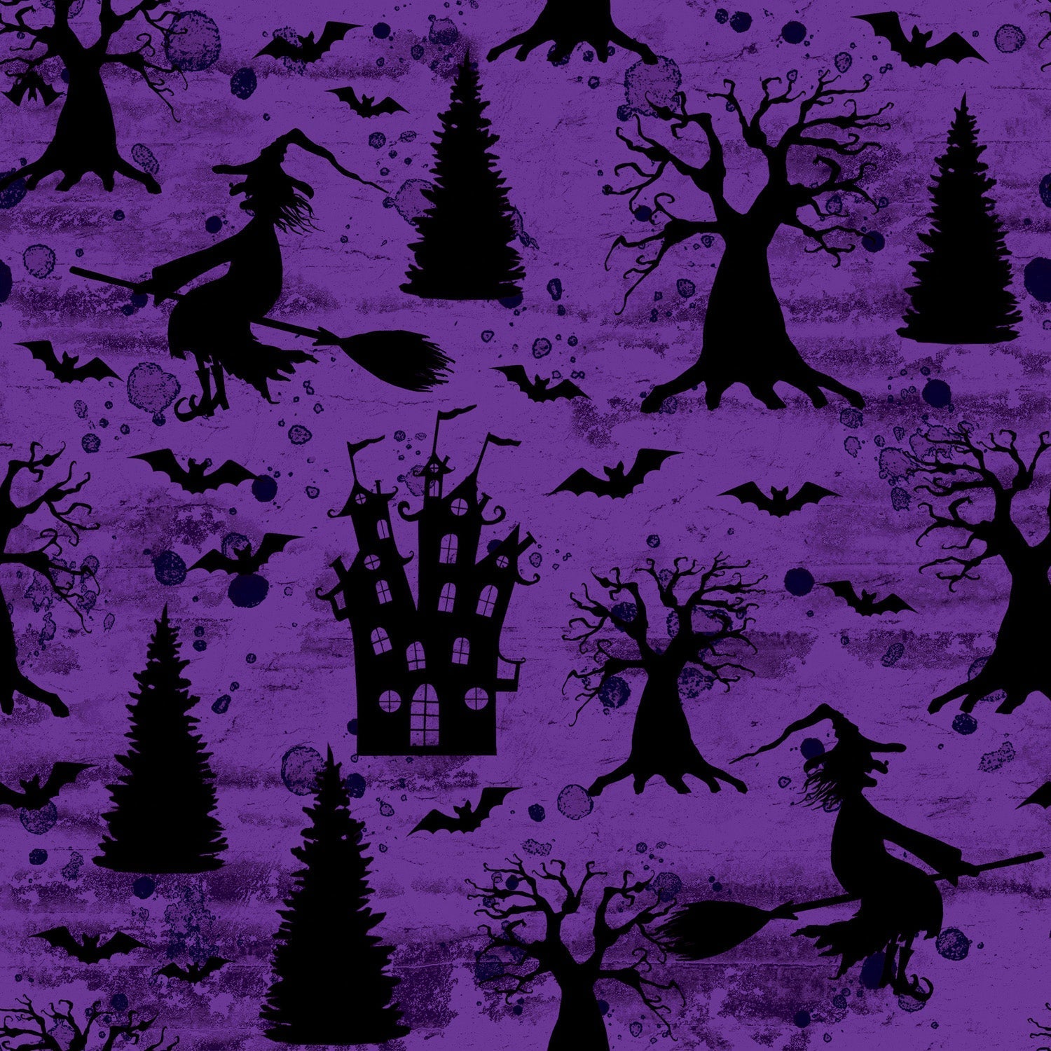 45 x 36 Halloween Witches Bats and Houses on Purple 100% Cotton Fabric - Seasonal Fabrics - Little Red General Store