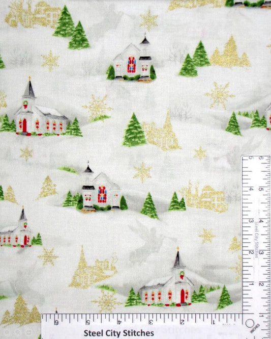 44 x 36 Christmas Snow Village on Ivory 100% Cotton Fabric - Seasonal Fabrics - Little Red General Store