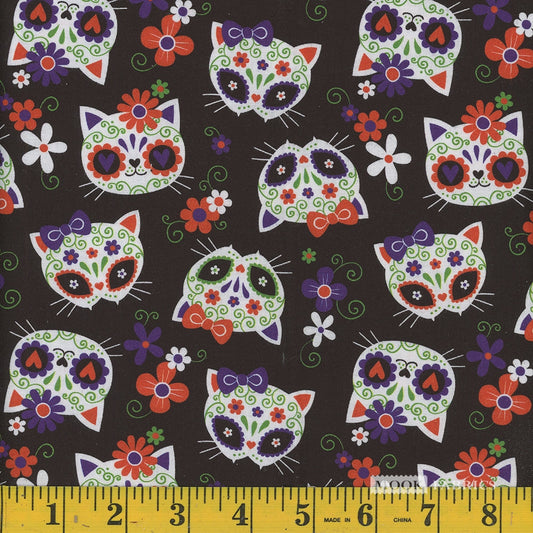 Price per Yard Sugar Skulls Cats on Black 100% Cotton Fabric Halloween - Seasonal Fabrics - Little Red General Store