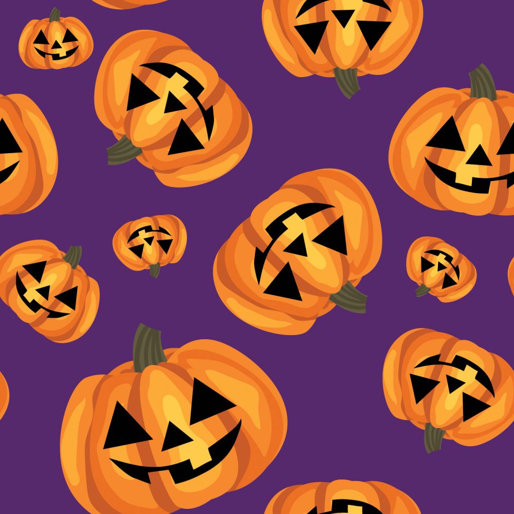 45 x 36 Halloween Happy Pumpkins on Purple 100% Cotton Fabric - Seasonal Fabrics - Little Red General Store