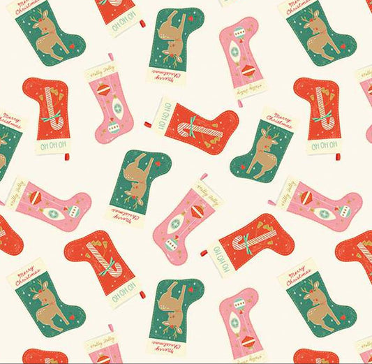 Christmas Tossed Stockings Mint Cream Riley Blake 100% Cotton Price Per Yard - Seasonal Fabrics - Little Red General Store
