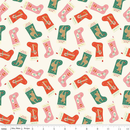 Christmas Tossed Stockings Mint Cream Riley Blake 100% Cotton Price Per Yard - Seasonal Fabrics - Little Red General Store