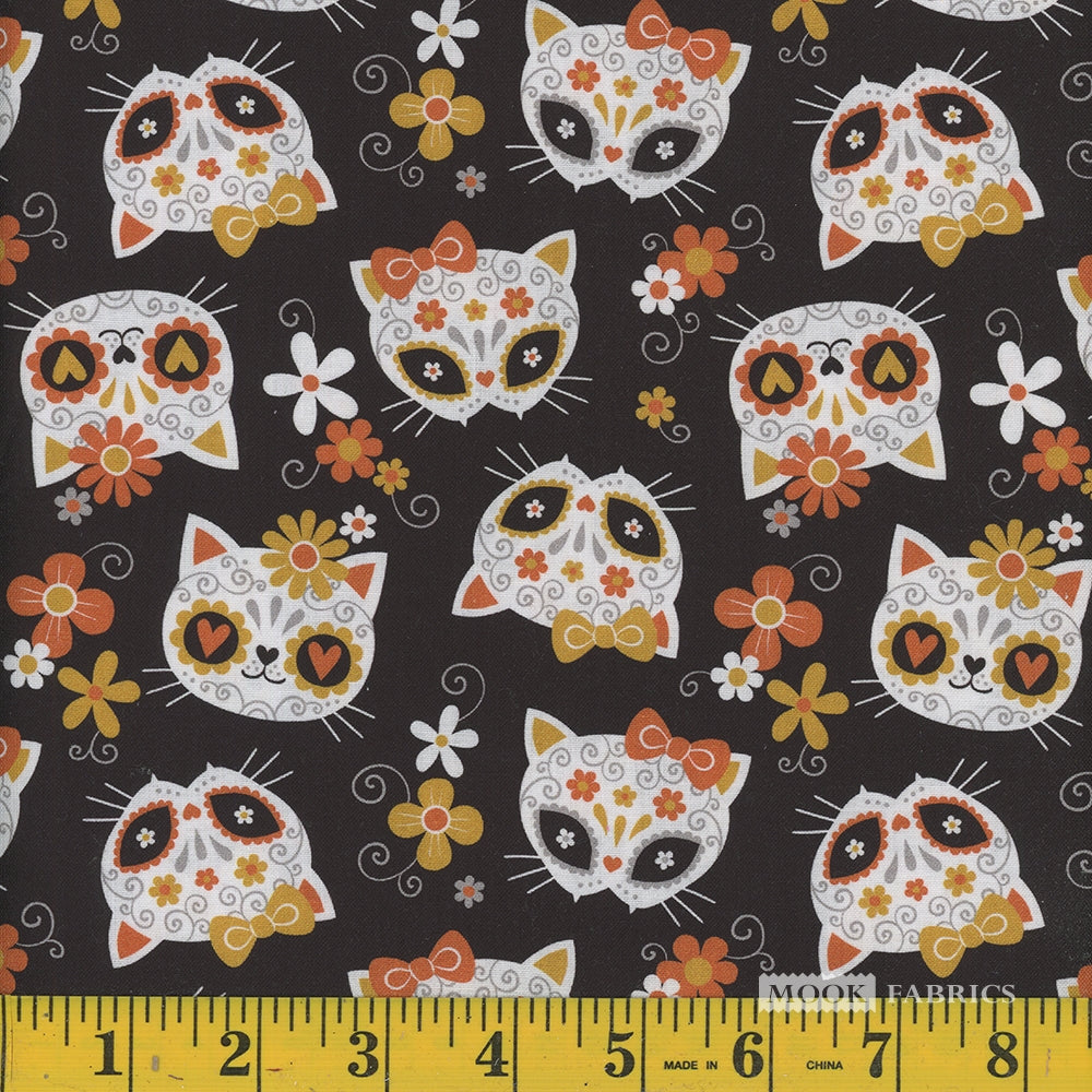 Price per Yard Sugar Skulls Cats on Black 100% Cotton Fabric Halloween - Seasonal Fabrics - Little Red General Store