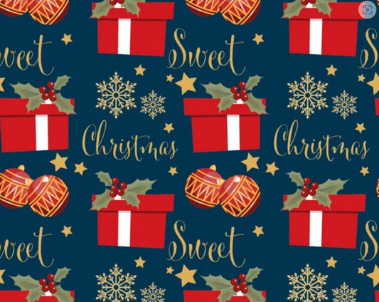 45 x 36 Christmas Gifts Ornaments Sweet Christmas on Blue 100% Cotton Fabric - Seasonal Fabrics - Little Red General Store