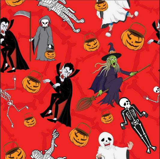 45 x 36 Halloween Dancing Monsters on Orange 100% Cotton Fabric - Seasonal Fabrics - Little Red General Store