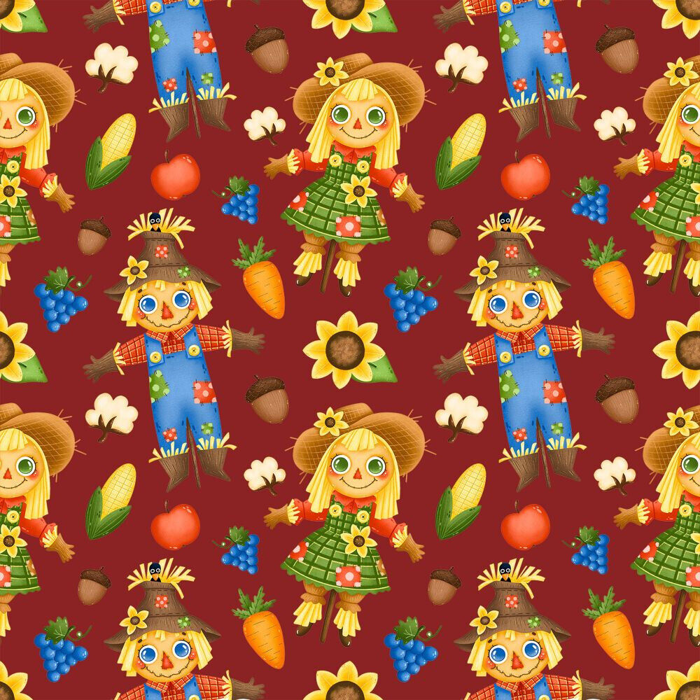 45 x 36 Fall Autumn Thanksgiving Fabric Fall Friends on Burgundy 100% Cotton Fabric - Seasonal Fabrics - Little Red General Store