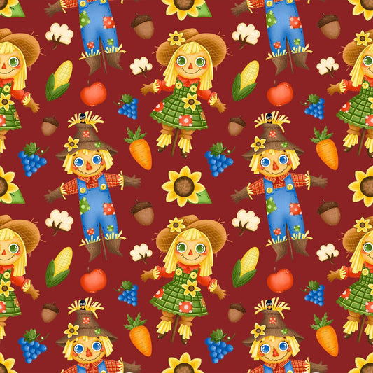 45 x 36 Fall Autumn Thanksgiving Fabric Fall Friends on Burgundy 100% Cotton Fabric - Seasonal Fabrics - Little Red General Store