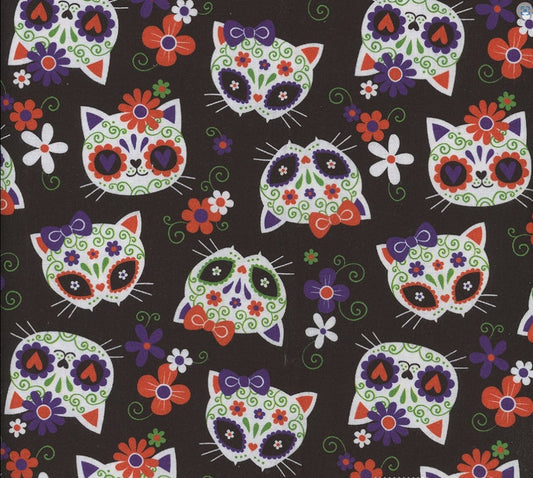 Price per Yard Sugar Skulls Cats on Black 100% Cotton Fabric Halloween - Seasonal Fabrics - Little Red General Store