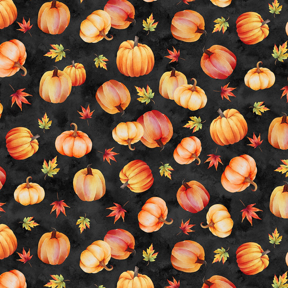 44 x 36 Wilmington Prints Tossed Pumpkins on Black Thanksgiving 100% Cotton Fabric - Seasonal Fabrics - Little Red General Store