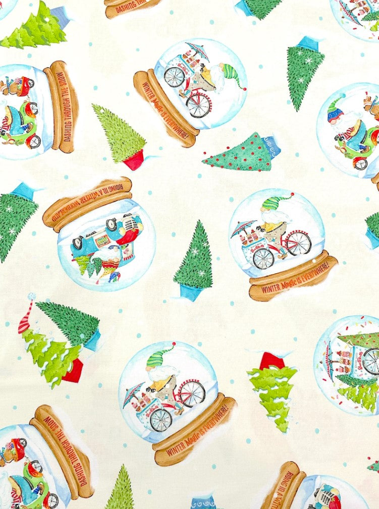 44 x 36 Christmas Gnomes Snow Globes Toss on Cream 100% Cotton Fabric - Seasonal Fabrics - Little Red General Store