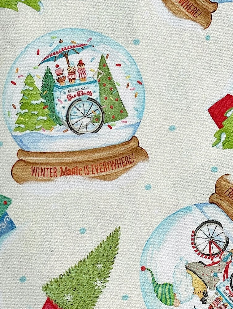 44 x 36 Christmas Gnomes Snow Globes Toss on Cream 100% Cotton Fabric - Seasonal Fabrics - Little Red General Store