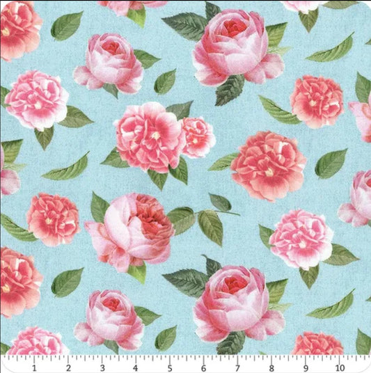 Timeless Treasures Beautiful Roses on Light Blue 100% Cotton Per Yard Valentine - Seasonal Fabrics - Little Red General Store