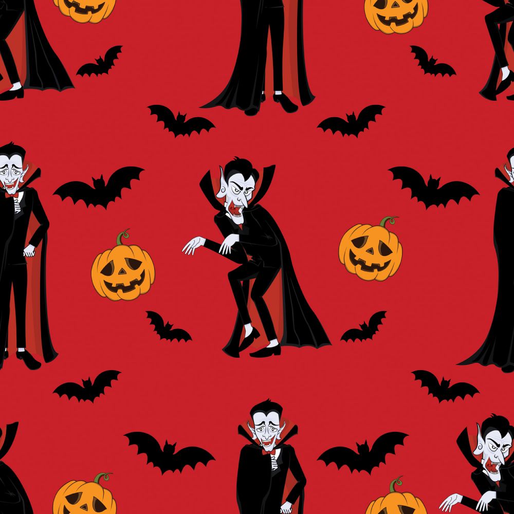 45 x 36 Halloween Vampires Bats and Pumpkins on Red 100% Cotton Fabric - Seasonal Fabrics - Little Red General Store