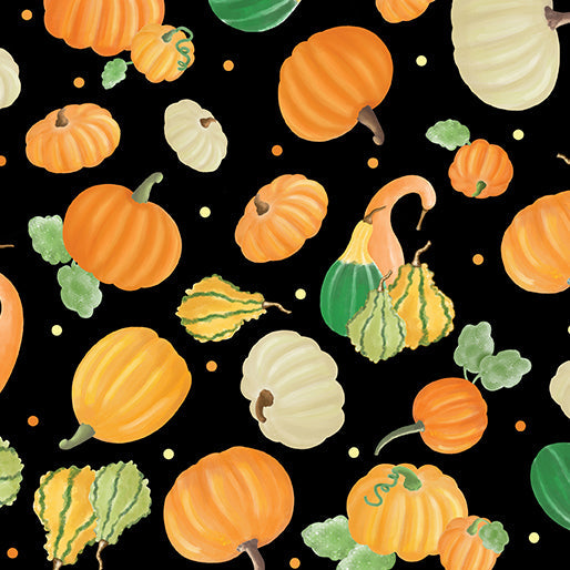 Benartex Falling For Gnomes Pumpkin On Black Thanksgiving 100% Cotton Fabric - Seasonal Fabrics - Little Red General Store