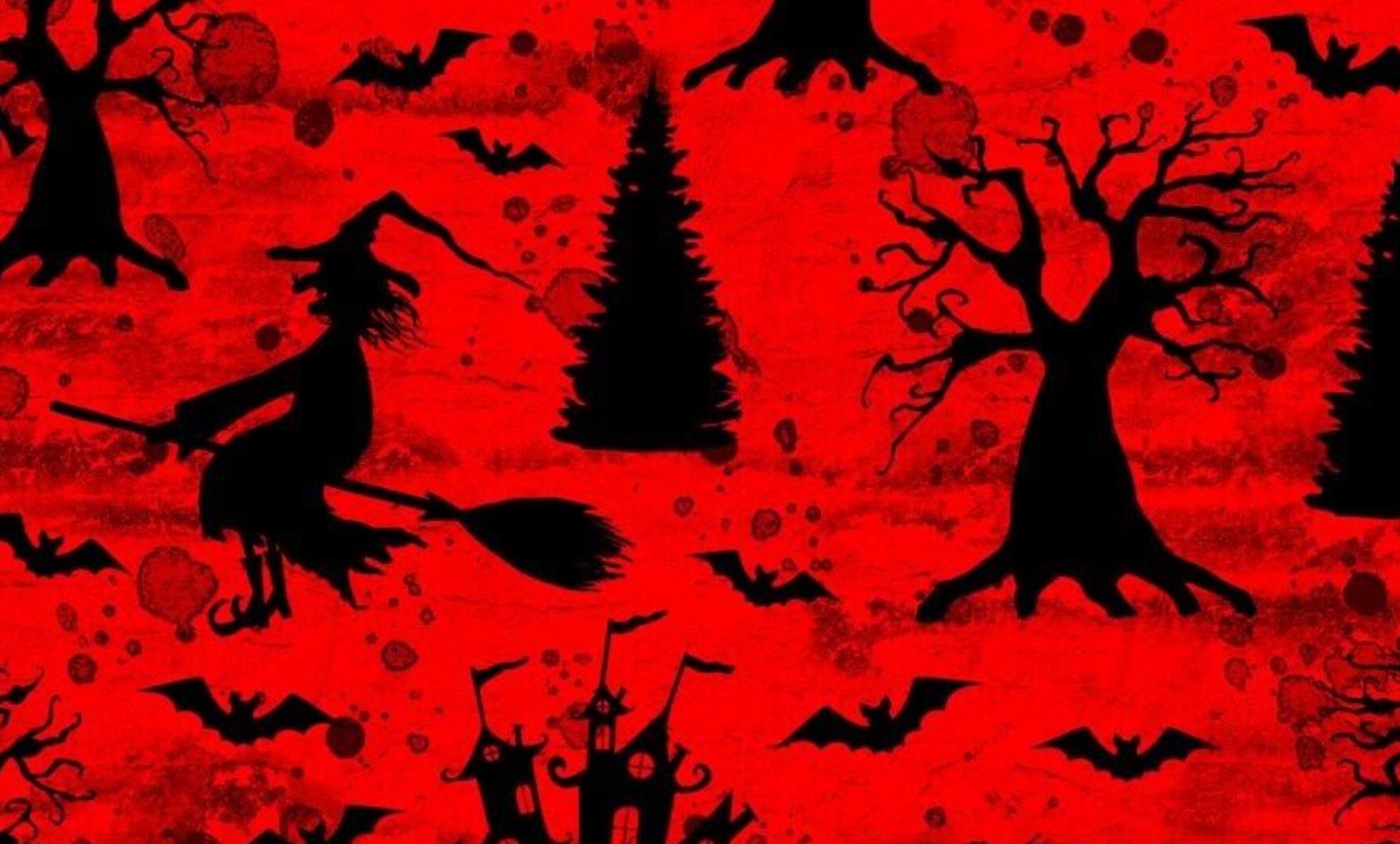 45 x 36 Halloween Flying Witches Bats and Houses on Red Orange 100% Cotton Fabric - Seasonal Fabrics - Little Red General Store