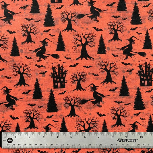 45 x 36 Halloween Flying Witches Bats and Houses on Red Orange 100% Cotton Fabric - Seasonal Fabrics - Little Red General Store