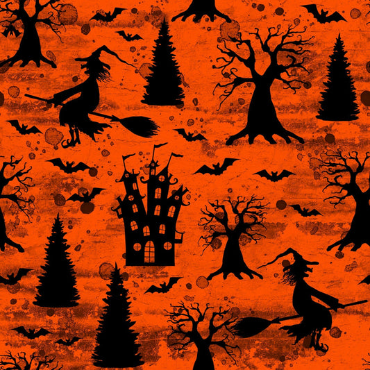 45 x 36 Halloween Flying Witches Bats and Houses on Red Orange 100% Cotton Fabric - Seasonal Fabrics - Little Red General Store