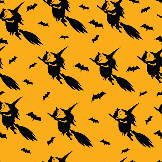 45 x 36 Halloween Flying Witches with Cats and Bats on Orange Gold 100% Cotton Fabric - Seasonal Fabrics - Little Red General Store