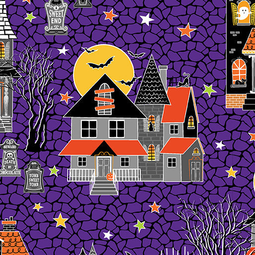 Benartex Glowoween Haunted Houses On Purple Glow in the Dark Halloween 100% Cotton Fabric - Seasonal Fabrics - Little Red General Store