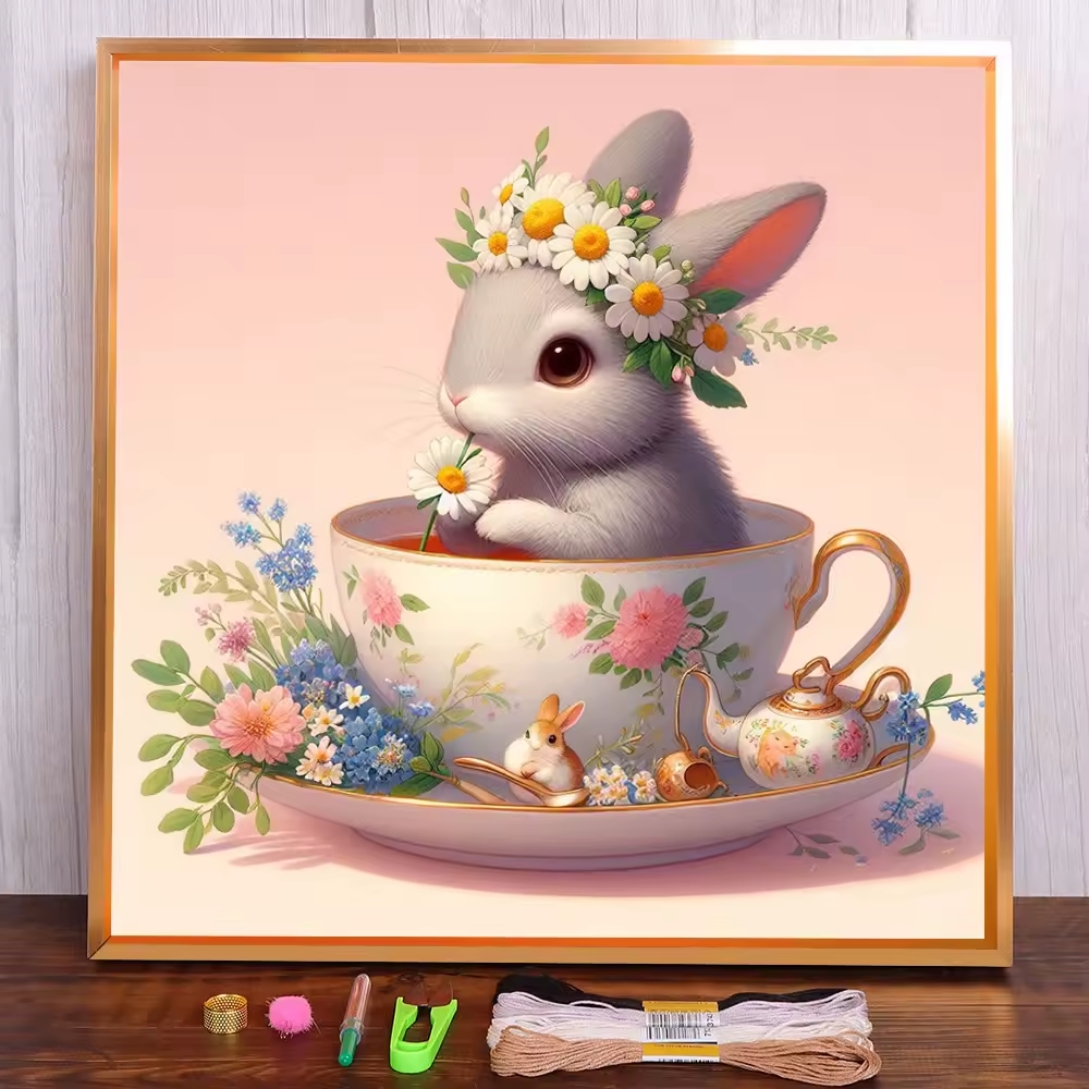 Embroidery Cross Stitch Kit Pre - printed Easter Bunny Rabbit 8 in x 8 in 14 CT - Seasonal Fabrics - Little Red General Store